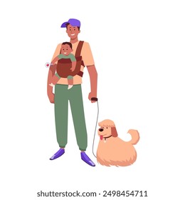 Happy young father carrying baby with beanbag in sling. Cartoon man parent walking with infant, toddler in baby carrier wrap and dog. Vector flat illustration of family with pet isolated on white