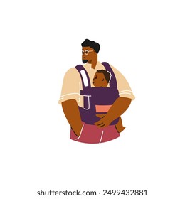 Happy young father carrying baby in sling. Cartoon African man parent standing with son infant, toddler in baby carrier wrap. Vector flat family illustration isolated in round frame