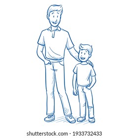 Happy young father in casual clothes with young boy (appx. 7 years old) spending time together. Hand drawn line art cartoon vector illustration.