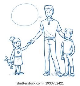 Happy young father childcare nurse and two young children (appx  3   7 years old) talking to the girl  Hand drawn line art cartoon vector illustration 