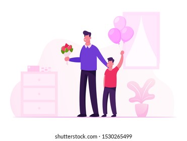 Happy Young Father With Flower Bouquet And Little Son With Balloons Bunch Stand In Hospital Room Meeting Mother And Newborn Baby From Chamber Of Maternity In Clinic. Cartoon Flat Vector Illustration