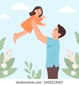 Happy Young Father having fun with her daughter. Dad lifting  kid up.Fatherr's Day Vector Illustration