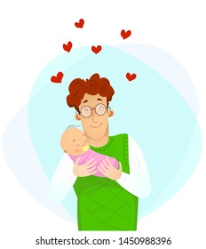 Happy young father holding his newborn baby on hands. Cartoon vector illustration