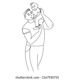 Happy young father holds his son piggyback ride on his shoulders Line Art Minimal Vector illustration.Black and white sketch Dad with little son cute illustration.Father's day concept.Happy parenthood