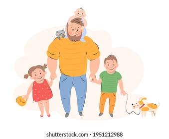 Happy Young Father With Kids, Cat And Dog. Daughter And Son Hold Dad Hand, Baby Sits On Dad Shoulders. Father's Day, International Children's Day, Global Day Of Parents. Flat Vector Illustration