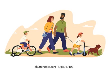Happy young father, mother, daughter, son and dog walking outdoor in city park. Parenthood and relationship concept for banner, poster, card family day, website design or landing web page