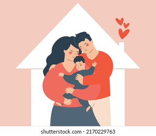 Happy young father and mother hug their son with love. Couple or parents embrace their child with care. successful marriage, Happy home, Family love and positive parenting concept. Vector stock