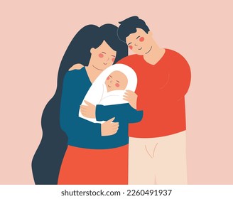 Happy young father and mother hug their baby with love. Couple or parents embrace their new born child with care. Successful marriage, happy home, family love and positive parenting concept. 