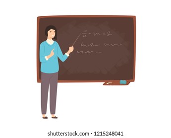 Happy young female college teacher, university professor, lecturer or educational worker standing beside chalkboard, holding pointer and teaching. Colorful vector illustration in flat cartoon style.