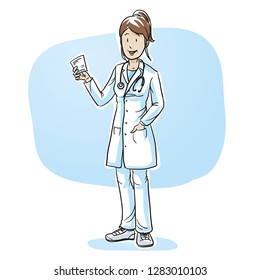 Happy young female doctor with a recipe in her hand. Hand drawn cartoon sketch vector illustration, whiteboard marker style coloring.