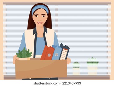 Happy young female employee, holding cardboard box, standing in office, smiling, newcomer woman got new job, her first day of work in new workspace. Vector illustration.