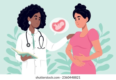 Happy young female finds out about her pregnancy. Obstetrician doctor consulting female patient expecting a baby about pregnancy during check up.