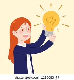 happy young female holding light bulb in her hands vector. The concept for big new ideas, innovation, and solutions. brilliant creative ideas for project, business, start up illustration.