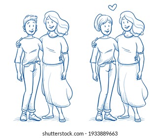 Joyeux jeune couple homosexuel ou meilleures amies ou soeurs. Concept de famille ou de vie alternatif joyeux. Illustration vectorielle de dessin animé dessiné à la main.