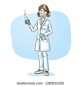 Happy young female scientist holding a glass with liqid. Hand drawn cartoon sketch vector illustration, whiteboard marker style coloring.