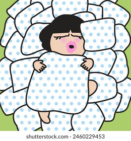 Happy Young Female Sleeping Well In Many Cozy Pillows Concept Card Character illustration