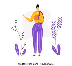 Happy Young Female Student Character with Books. Educational Concept with Girl with Backpack and Textbook Learning and Reading. Vector flat cartoon illustration