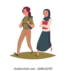 Happy young female students in casual clothes with books and backpacks. Characters of girls various races walking on college or university campus. Flat cartoon vector illustration.