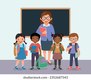 Happy young female teacher standing with group of students in front classroom waving hands