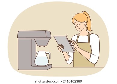 Happy young female waitress in coffeeshop taking order on pad. Smiling woman barista work on tablet in cafe. Good quality service. Vector illustration.