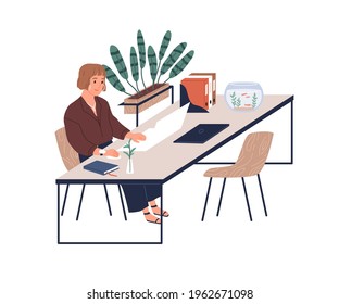 Happy young female worker working with laptop at desk in modern cozy office with plants and aquarium. Woman at comfortable workplace. Colored flat vector illustration isolated on white background