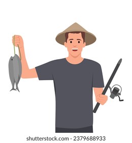 Happy young fisherman on the beach holding his catch fish. Flat vector illustration isolated on white background