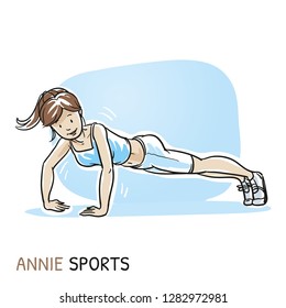 Happy young fitness woman doing workout, push ups, sports exercise. Hand drawn cartoon sketch vector illustration, whiteboard marker style coloring.