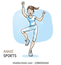 Happy young fitness woman doing workout, dance, aerobics, sports. Hand drawn cartoon sketch vector illustration, whiteboard marker style coloring. 