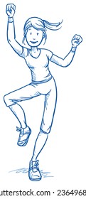 Happy young fitness woman doing workout, aerobic, sports, hand drawn doodle vector illustration
