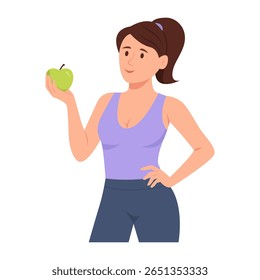 Happy young fitness woman holding green apple.Healthy lifestyle and healthy food concept.Vector Illustration