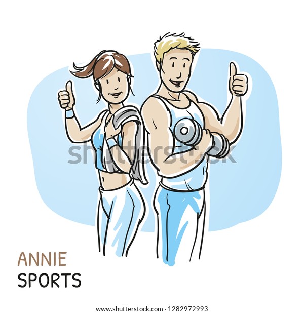 Happy young fitness
woman an man showing thumbs up, after workout in  sports studio.
Hand drawn cartoon sketch vector illustration, whiteboard marker
style coloring.