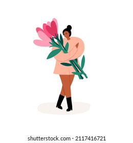 Happy young florist woman, teenager girl walk holding a bunch of the heart flowers. Self love, mental health concept. Valentine's Day, Women's Day greeting card design.