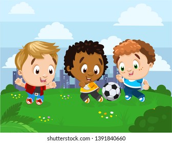 Happy young football players running and kicking ball on grass field. Multiracial boys training and practicing soccer on meadow against cityscape. Vector cartoon concept of kid`s hobby, sport games.