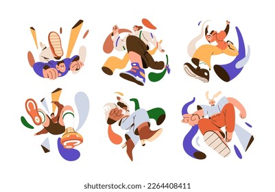 Happy young free people jumping up, flying with fun, joy emotions. Energy, freedom, enthusiasm, new heights, goals, aspirations concept. Flat graphic vector illustrations isolated on white background