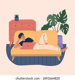 Happy young freelance man lies on the sofa and works with laptop in his comfortable apartment. Remote job or study workspace concept, stay at home during quarantine. Flat cartoon illustration isolated