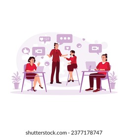Happy young friends creating streaming content in the studio. Content Creator concept. Trend Modern vector flat illustration