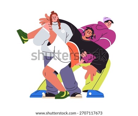 Happy young friends in fun poses for funny photo portrait. Smiling people, youth together in playful positions. Modern men and women friendship. Flat vector illustration isolated on white background