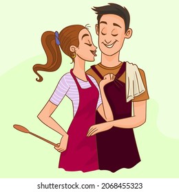 happy young friends loving couple chefs on the kitchen