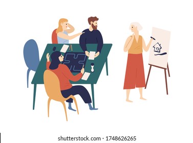 Happy young friends playing crocodile game at home vector flat illustration. Funny woman drawing picture on board, people trying guess image isolated on white. Smiling person spending time together