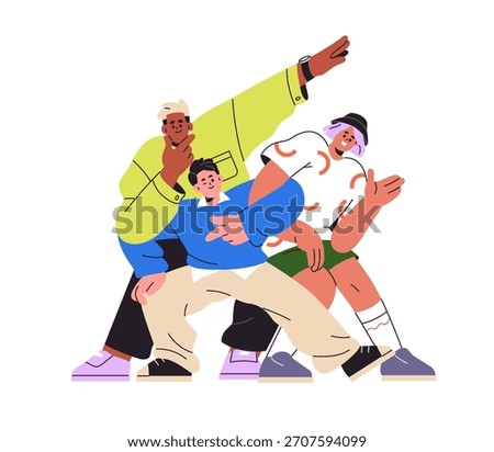Happy young friends posing together for group photo portrait. Modern positive emotional people team standing, smiling, gesturing with fun. Flat vector illustration isolated on white background