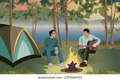 Happy young friends resting by the bonfire near tent. Couple of campers playing guitar while sitting near the camp fire and a tent while camping in nature