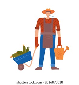 Happy young gardener man with a wheelbarrow and watering can on a white background. Vector illustration in a trendy flat style.