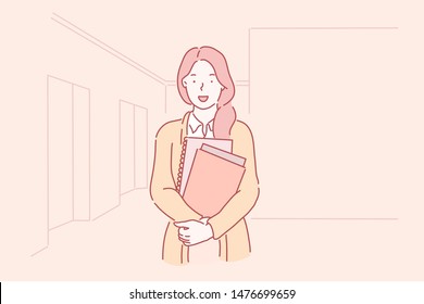 Happy young gentle pleasant teacher holds a notebook at hands at school or college. Successful businesswoman at the office. Simple flat vector.