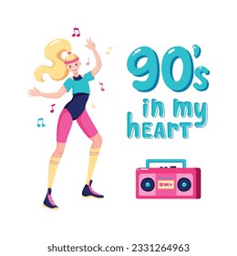 
Happy young girl in 90's fashion style. Vector illustration of a blonde woman dances and listen to music. Stylish bright clothes. Cartoon flat style. Vector text - 90's in my heart