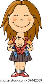 Happy young girl with baby in sling