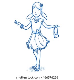 Happy young girl being proud of her beautiful dress and accessories. Hand drawn cartoon doodle vector illustration.