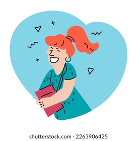 Happy young girl with a book. Vector colored doodle illustration.