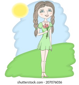 A happy young girl with a bouquet of flowers in the meadow