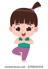 A happy young girl with brown hair tied in a ponytail is practicing yoga in the tree pose.