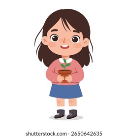 A happy young girl with brown hair and freckles holds a small potted plant.  She's smiling and dressed in a pink sweater and blue skirt.